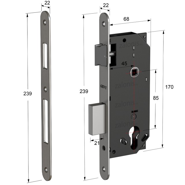 SECURITY MORTISE DOOR LOCK GEVY / OV-OV / MAT NICKEL