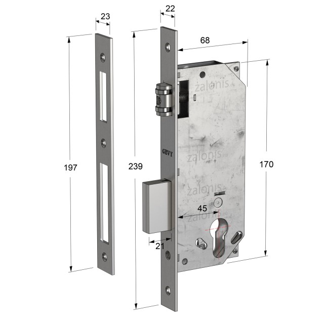 SECURITY MORTISE DOOR LOCK GEVY / ROLLER LATCH / SQ -  SQ / MAT NICKEL