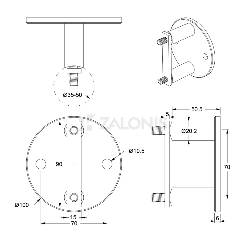ΣΤΗΡΙΓΜΑ ΚΟΛΩΝΑΣ Φ.35-50 mm ΠΛΑΪΝΟ / INOX 304