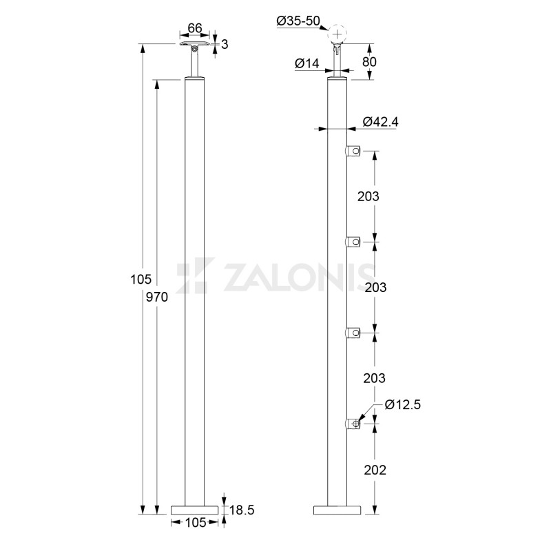 ΣΕΤ ΚΟΛΩΝΑ Φ.42.4x2mm ΜΕ ΒΑΣΗ / INOX 304