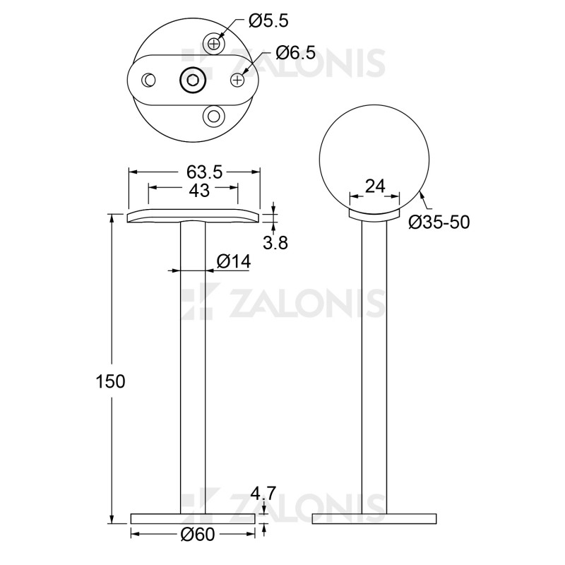 ΚΑΘΕΤΟ ΣΤΗΡΙΓΜΑ ΚΟΥΠΑΣΤΗΣ Φ.35-50 mm / Υ. 10-15-20cm / INOX 304