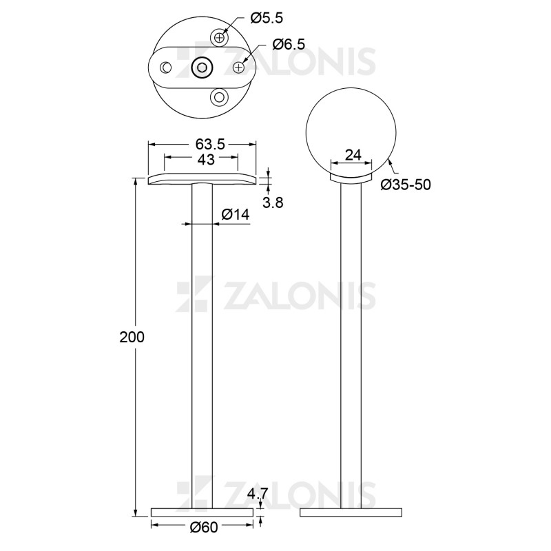 ΚΑΘΕΤΟ ΣΤΗΡΙΓΜΑ ΚΟΥΠΑΣΤΗΣ Φ.35-50 mm / Υ. 10-15-20cm / INOX 304