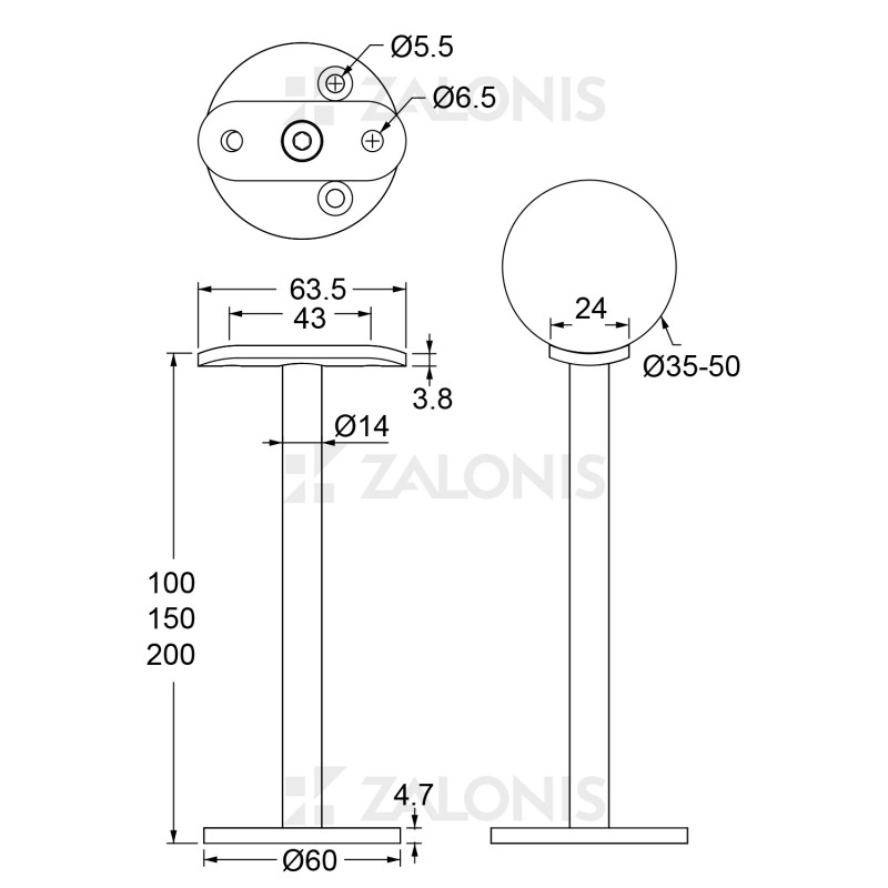 ΚΑΘΕΤΟ ΣΤΗΡΙΓΜΑ ΚΟΥΠΑΣΤΗΣ Φ.35-50 mm / Υ. 10-15-20cm / INOX 304