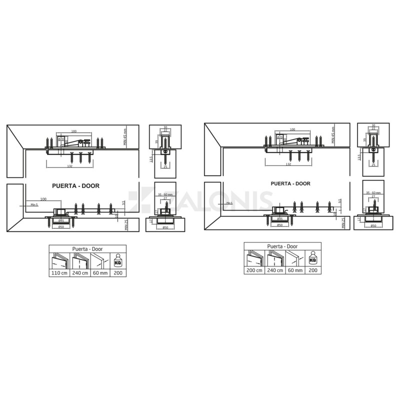 UPPER AND LOWER DOOR PIVOTS / 200kg