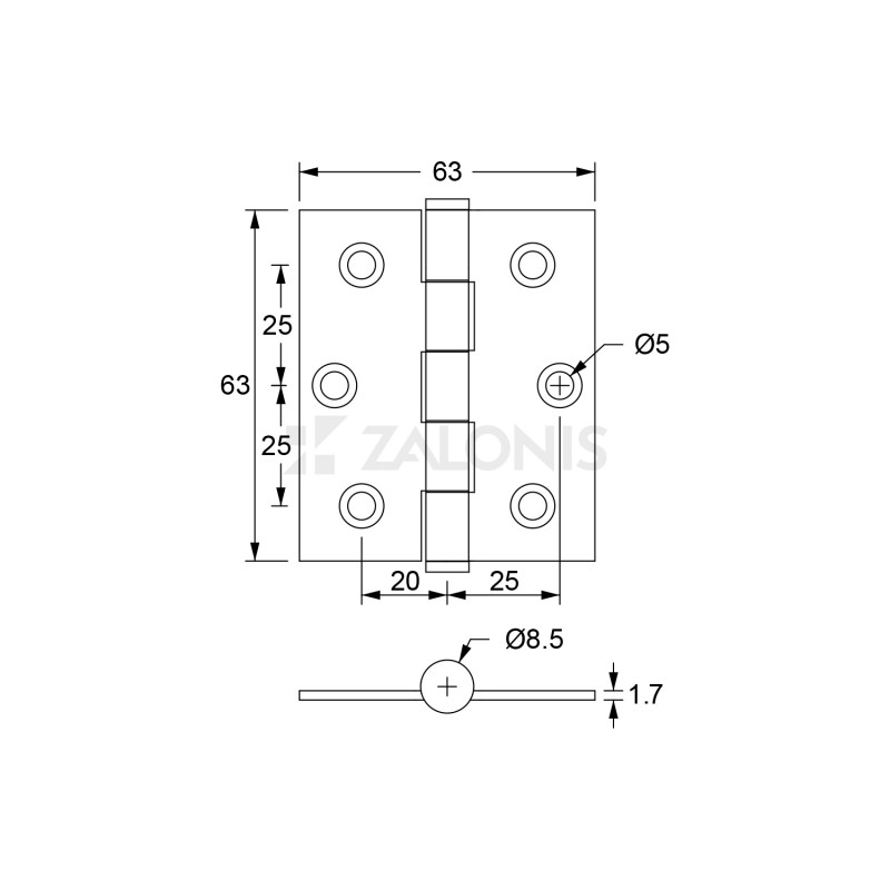 REINFORCED FLAT HINGE / INOX 201 / 63x63x1.7 mm