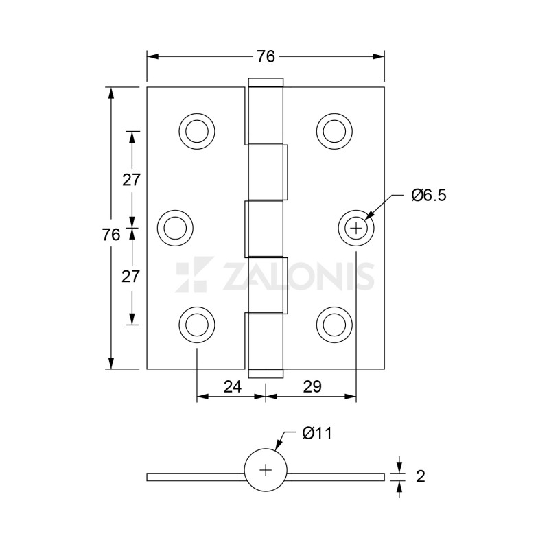 REINFORCED FLAT HINGE / INOX 201 / 76x76x2 mm