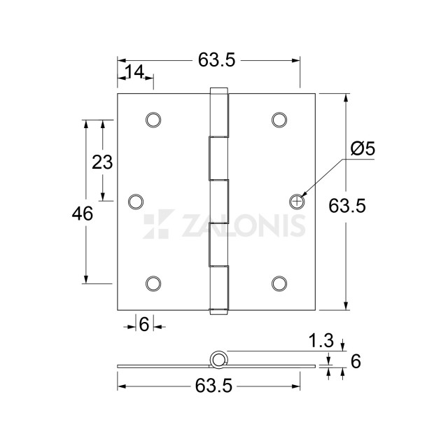 FLAT STEEL HINGE 63x63 / NICKEL / REMOVABLE PIN