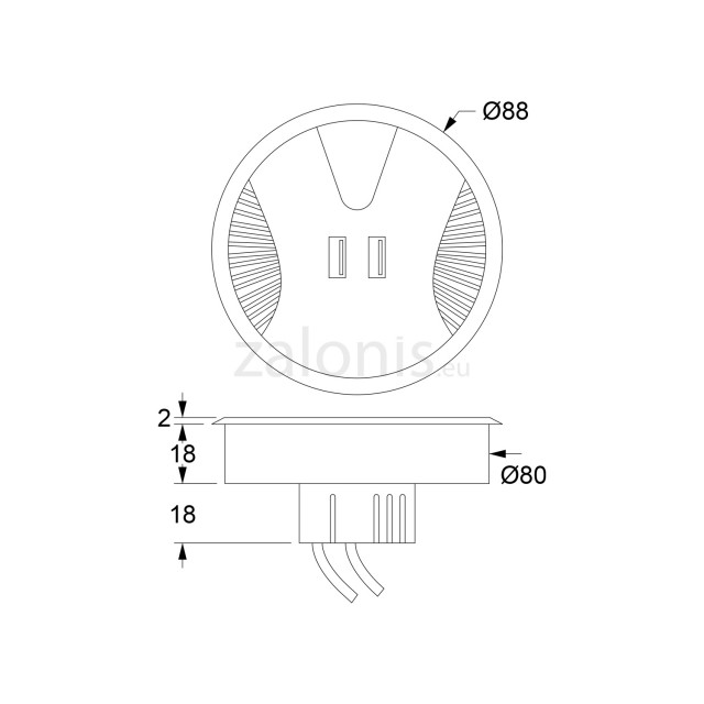 ΤΑΠΑ ΚΑΛΩΔΙΩΝ ΣΤΡΟΓΓΥΛΗ Φ.80 / ΜΑΥΡΟ / ΜΕ 2 ΘΥΡΕΣ USB