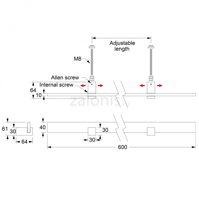SQUARE INOX PULL HANDLE FOR DOOR / MAT INOX 304 / L600