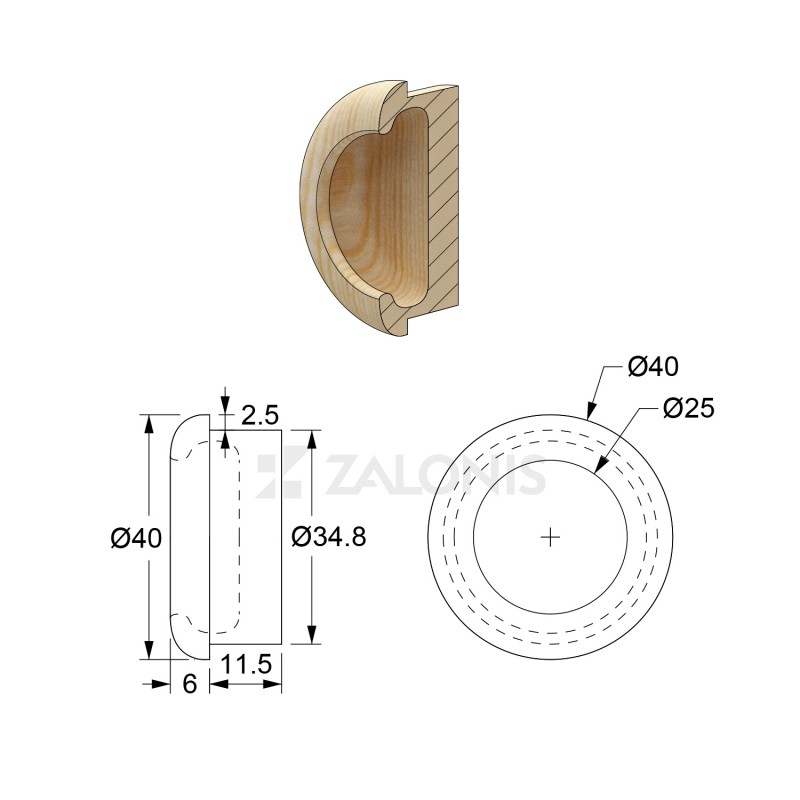 WOODEN INSET PULL ROUND / HOLE D. 35mm / BEECH WOOD COLLECTION