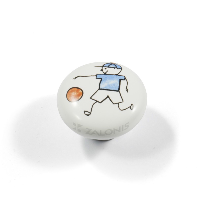CHILDREN WHITE PORCELAIN KNOB / BOY WITH BALL