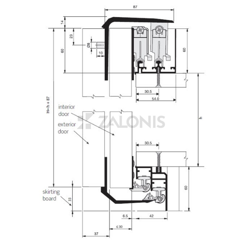 TOP AND BOTTOM GUIDE TRACK 600 cm CABINET SLIDING DOORS m.204 / 75kg