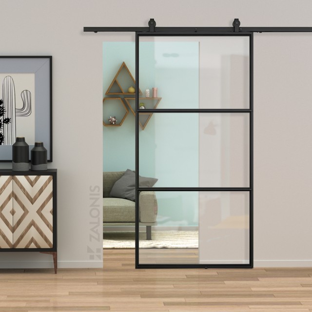 BARN DOOR SET WITH RAIL / GLASS / BLACK / 213.5x91.4 cm