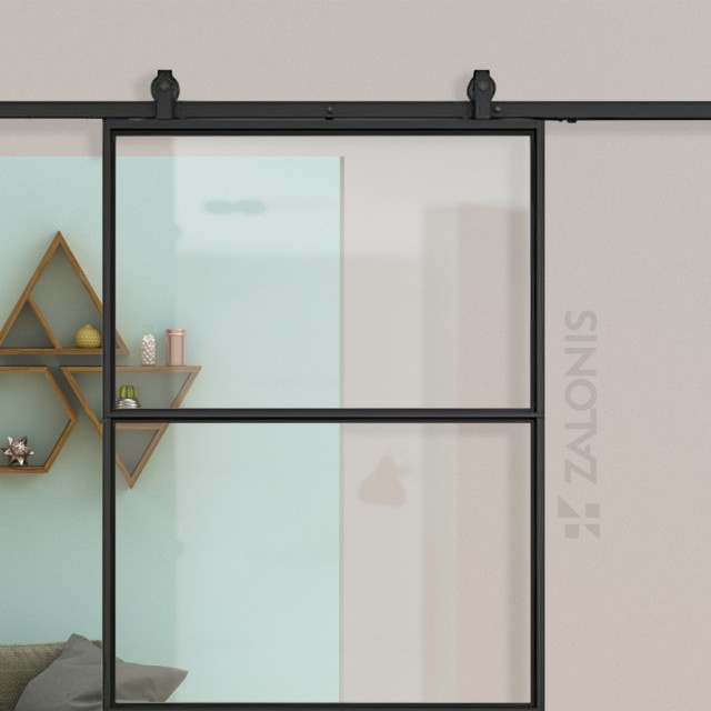 BARN DOOR SET WITH RAIL / GLASS / BLACK / 213.5x91.4 cm