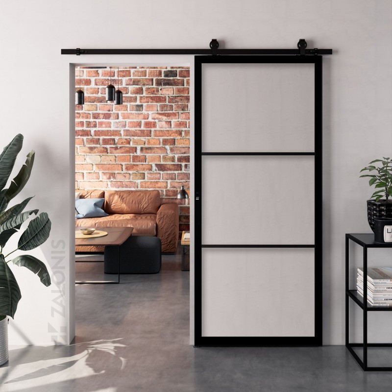 BARN DOOR SET WITH RAIL / GLASS / BLACK / 213.5x91.4 cm