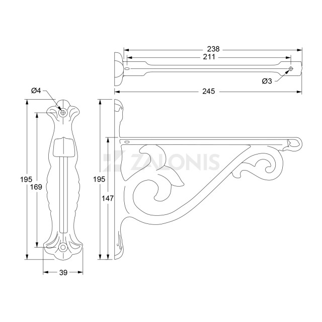 VINTAGE SHELF BRACKET / 245x195 / ARGENTO