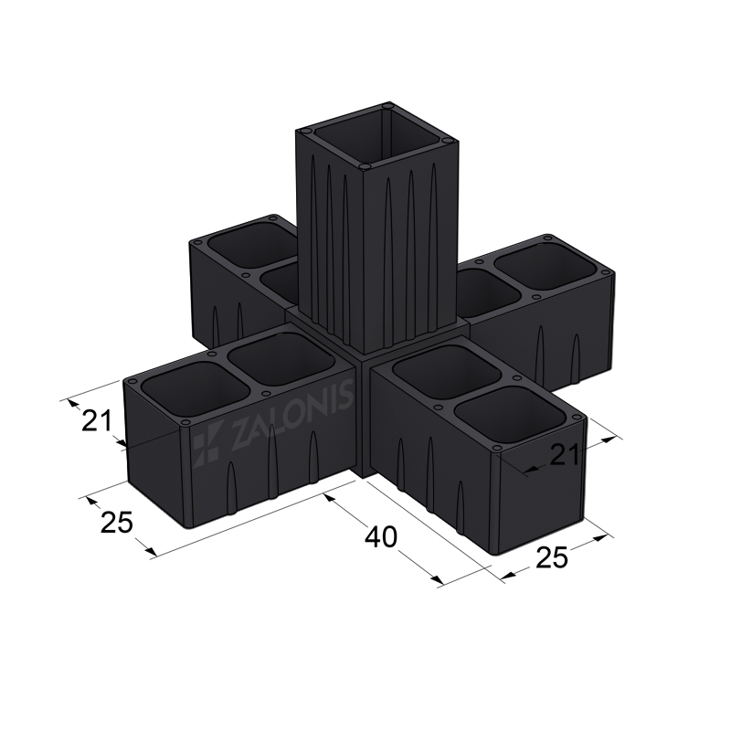 5 WAY CONNECTOR 25x25 / BLACK SQUARE TUBE 25x25 SHELF SYSTEM