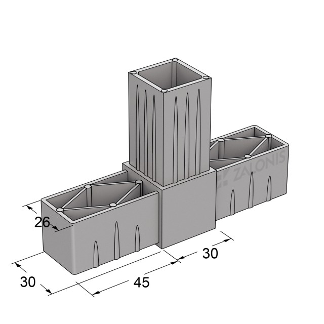 T TYPE 3 WAY CONNECTOR 30x30 / GRAY