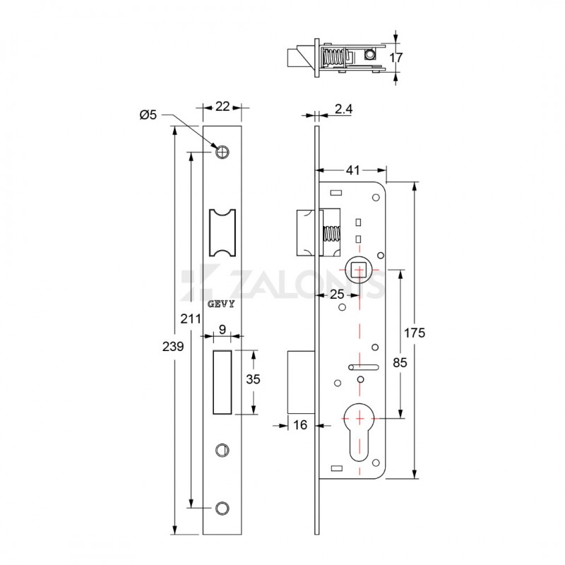 SHORT SECURITY DOOR LOCK GEVY 25mm / MAT NICKEL SHORT SECURITY MORTISE DOOR LOCKS
