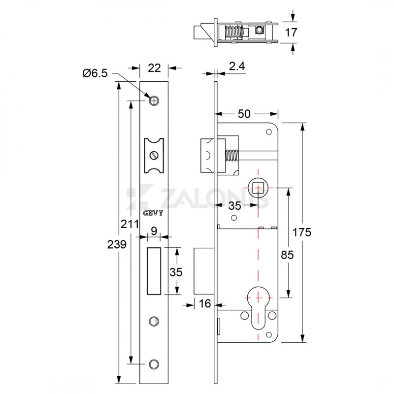 SHORT SECURITY DOOR LOCK GEVY 35mm / MAT NICKEL SHORT SECURITY MORTISE DOOR LOCKS