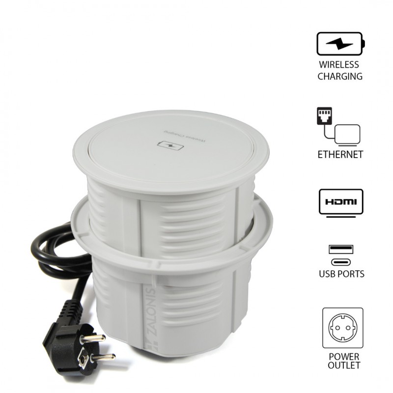 POP-UP OUTLET STATION / WIRELESS CHARGER / D.135 / 2 S+2 USB+1 HDMI+1 ETHERNET / WHITE
