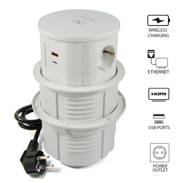 POP-UP OUTLET STATION / WIRELESS CHARGER / D.135 / 2 S+2 USB+1 HDMI+1 ETHERNET / WHITE