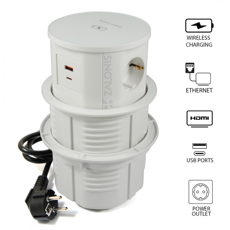 POP-UP OUTLET STATION / WIRELESS CHARGER / D.135 / 2 S+2 USB+1 HDMI+1 ETHERNET / WHITE