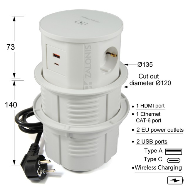 POP-UP OUTLET STATION / WIRELESS CHARGER / D.135 / 2 S+2 USB+1 HDMI+1 ETHERNET / WHITE