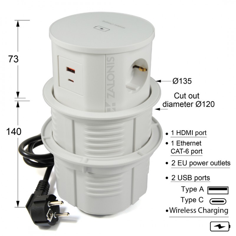 POP-UP OUTLET STATION / WIRELESS CHARGER / D.135 / 2 S+2 USB+1 HDMI+1 ETHERNET / WHITE