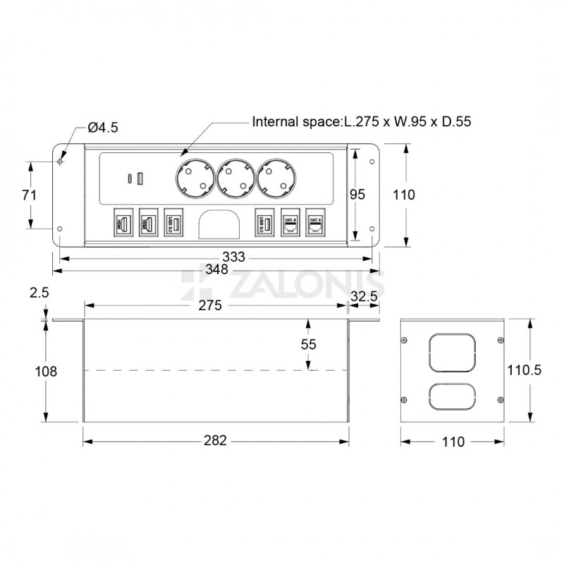 POWERBOX-ΤΕΤΡΑΓΩΝΟ ΠΟΛΥΜΠΡΙΖΟ ΓΡΑΦΕΙΟΥ / 28.2 x 11 cm / ΜΑΥΡΟ ΜΑΤ