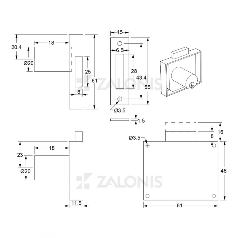 SECURITY BOX FURNITURE LOCK 20mm / GOLD
