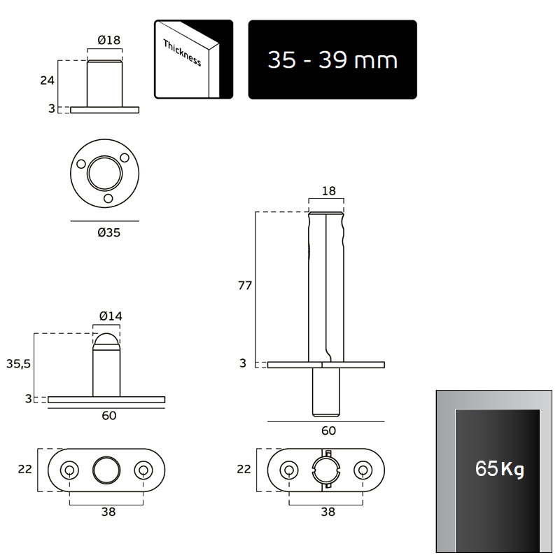 DOOR PIVOTS FOR SIDE DRILLING / 65Kg PIVOT HINGES FOR DOORS
