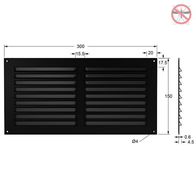 AIR VENTILATION GRILLE COVER WITH INSECTS NET 15x30cm / BLACK