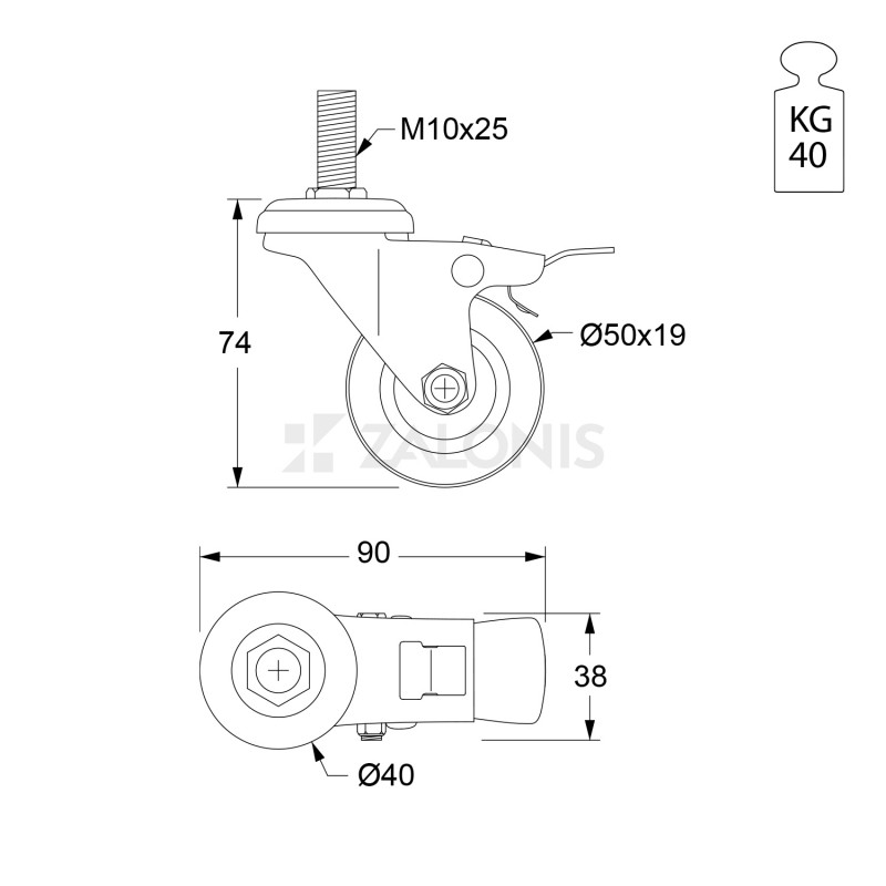 ΡΟΔΑ m.115 ΜΕΣΑΙΟΥ ΤΥΠΟΥ / Φ.50mm / ΒΙΔΑ M10x25 mm / Υ.74mm / 40Kg