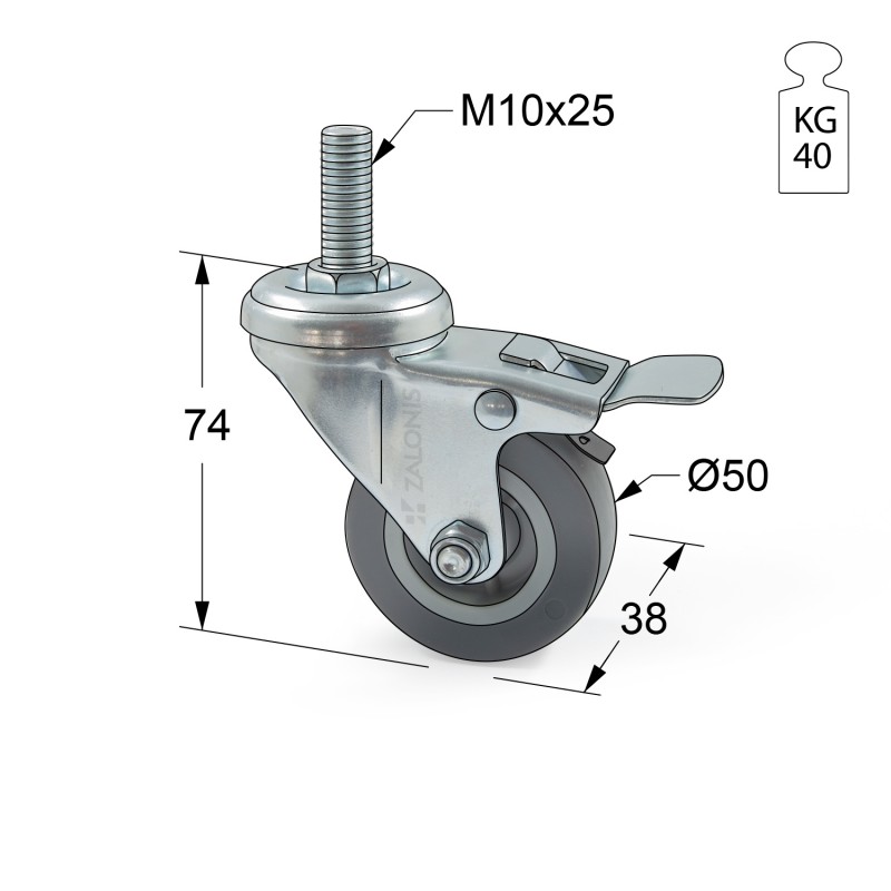 ΡΟΔΑ m.115 ΜΕΣΑΙΟΥ ΤΥΠΟΥ / Φ.50mm / ΒΙΔΑ M10x25 mm / Υ.74mm / 40Kg