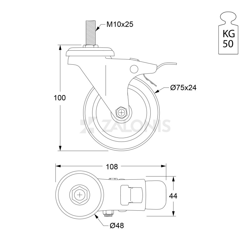 ΡΟΔΑ m.115 ΜΕΣΑΙΟΥ ΤΥΠΟΥ / Φ.75mm / ΒΙΔΑ M10x25 mm / Υ.100mm / 50Kg