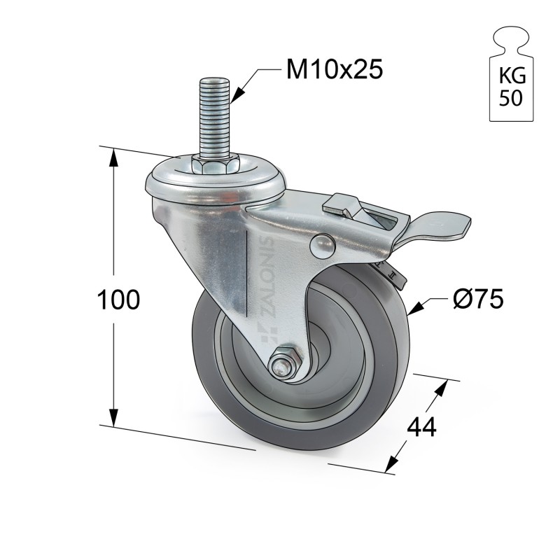 ΡΟΔΑ m.115 ΜΕΣΑΙΟΥ ΤΥΠΟΥ / Φ.75mm / ΒΙΔΑ M10x25 mm / Υ.100mm / 50Kg