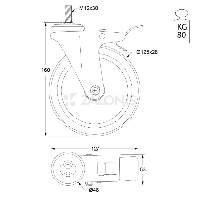 ΡΟΔΑ m.115 ΜΕΣΑΙΟΥ ΤΥΠΟΥ / Φ.125mm / ΒΙΔΑ M12x30 mm / Υ.160mm / 80Kg