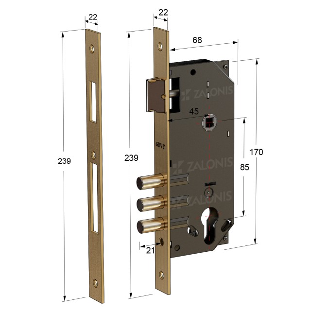 SECURITY MORTISE 3 PINS DOOR LOCK GEVY / SQ -  SQ / MAT GOLD