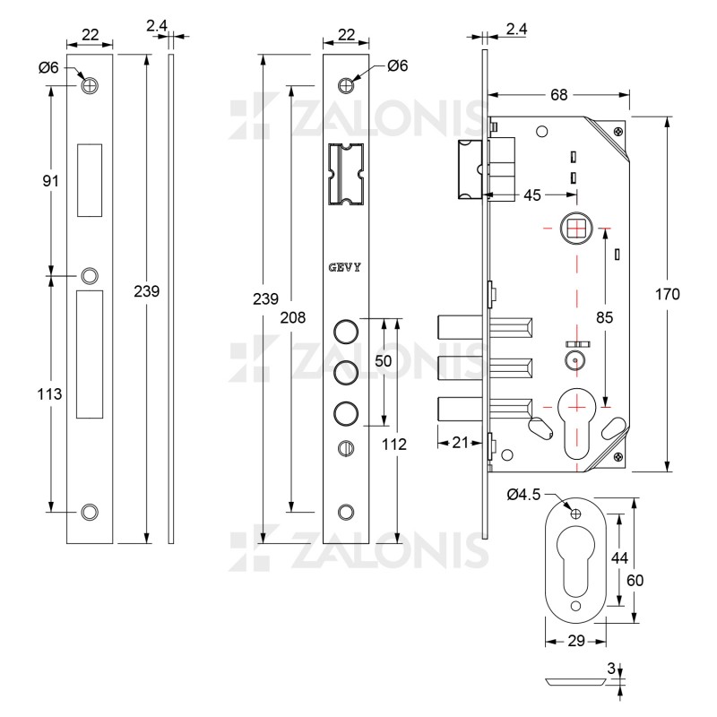 SECURITY MORTISE 3 PINS DOOR LOCK GEVY / SQ -  SQ / MAT NICKEL SECURITY MORTISE DOOR LOCKS
