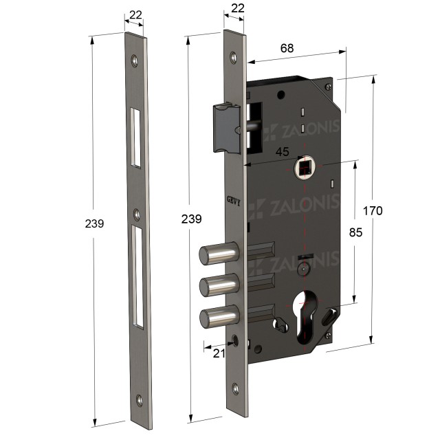 SECURITY MORTISE 3 PINS DOOR LOCK GEVY / SQ -  SQ / MAT NICKEL