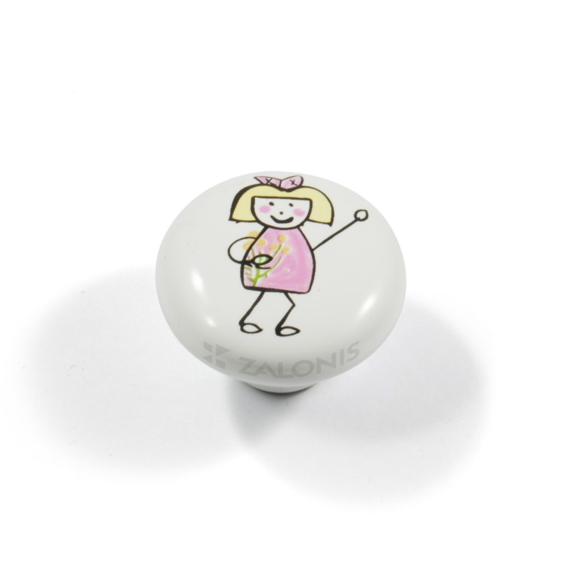 CHILDREN WHITE PORCELAIN KNOB / GIRL WITH FLOWERS