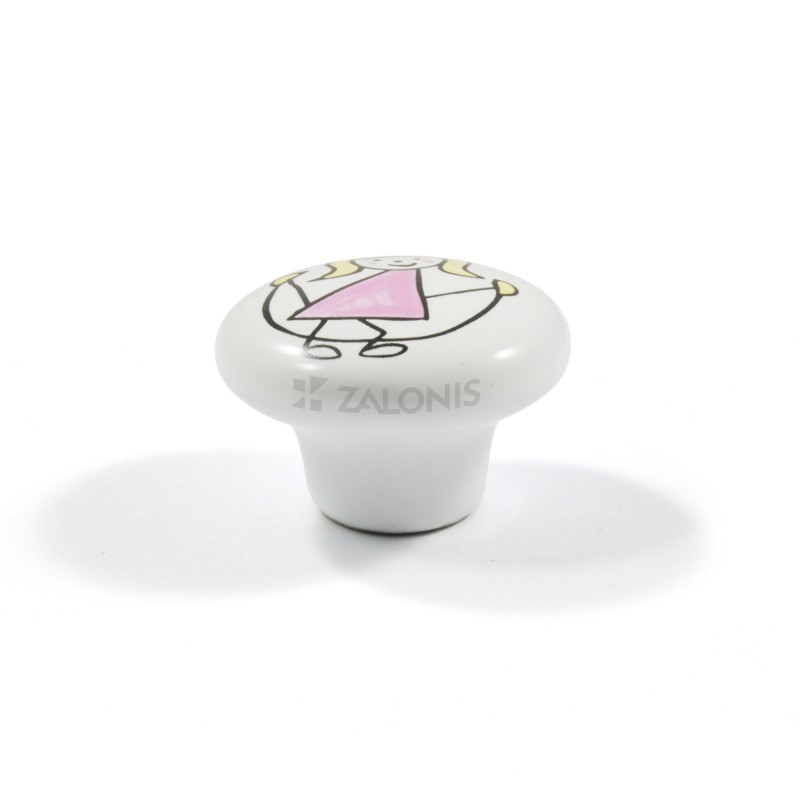 CHILDREN WHITE PORCELAIN KNOB / GIRL WITH SKIPPING ROPE PINK