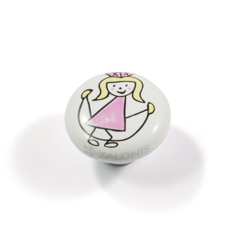 CHILDREN WHITE PORCELAIN KNOB / GIRL WITH SKIPPING ROPE PINK