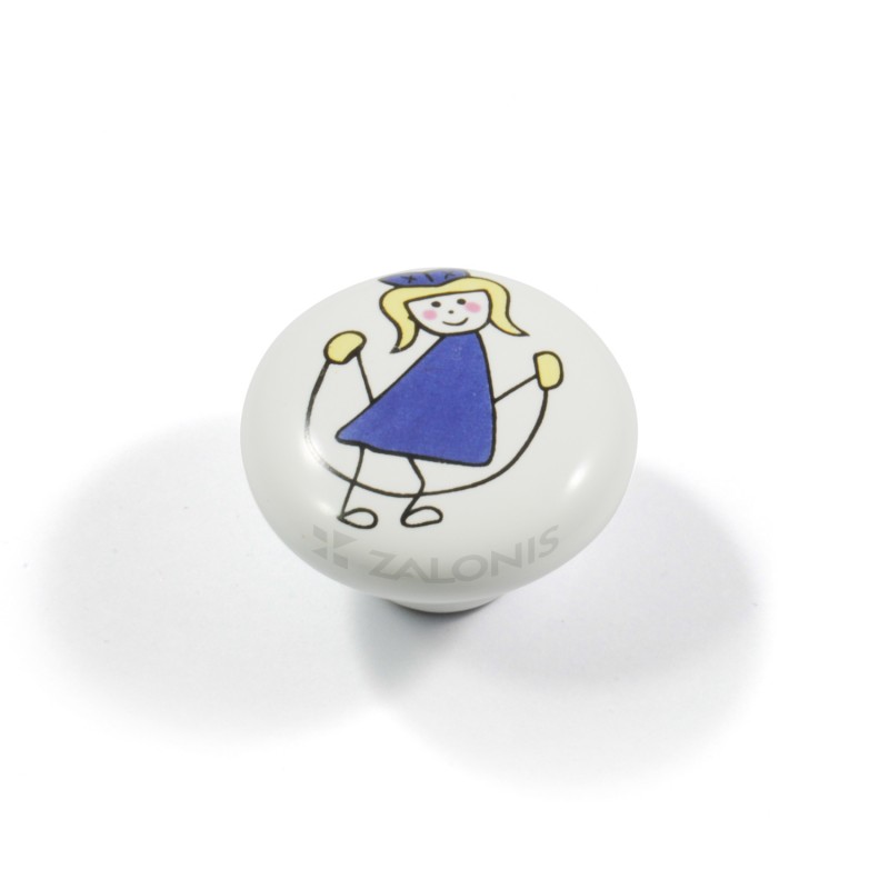 CHILDREN WHITE PORCELAIN KNOB / GIRL WITH SKIPPING ROPE BLUE