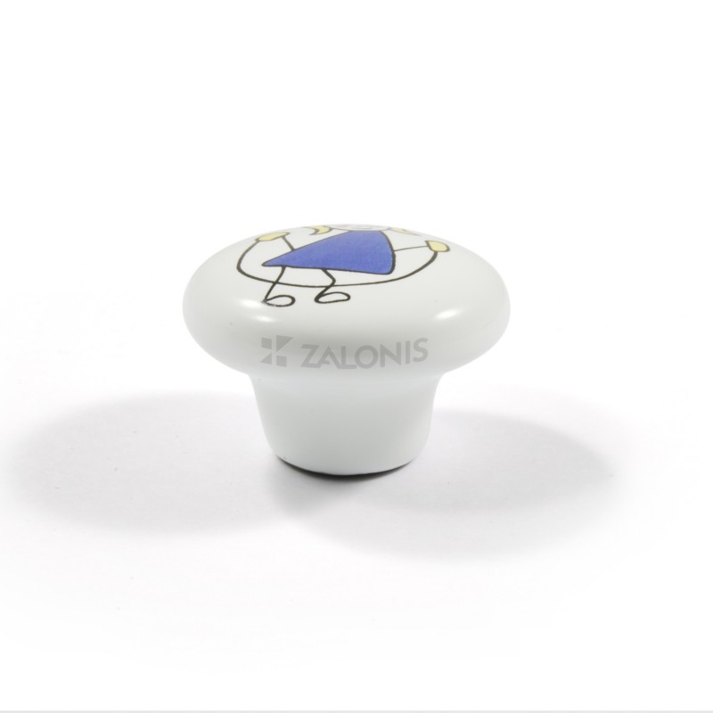 CHILDREN WHITE PORCELAIN KNOB / GIRL WITH SKIPPING ROPE BLUE