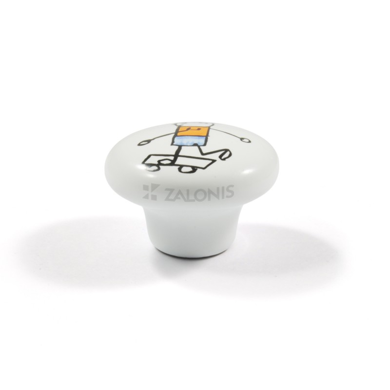 CHILDREN WHITE PORCELAIN KNOB / BOY WITH SKATE