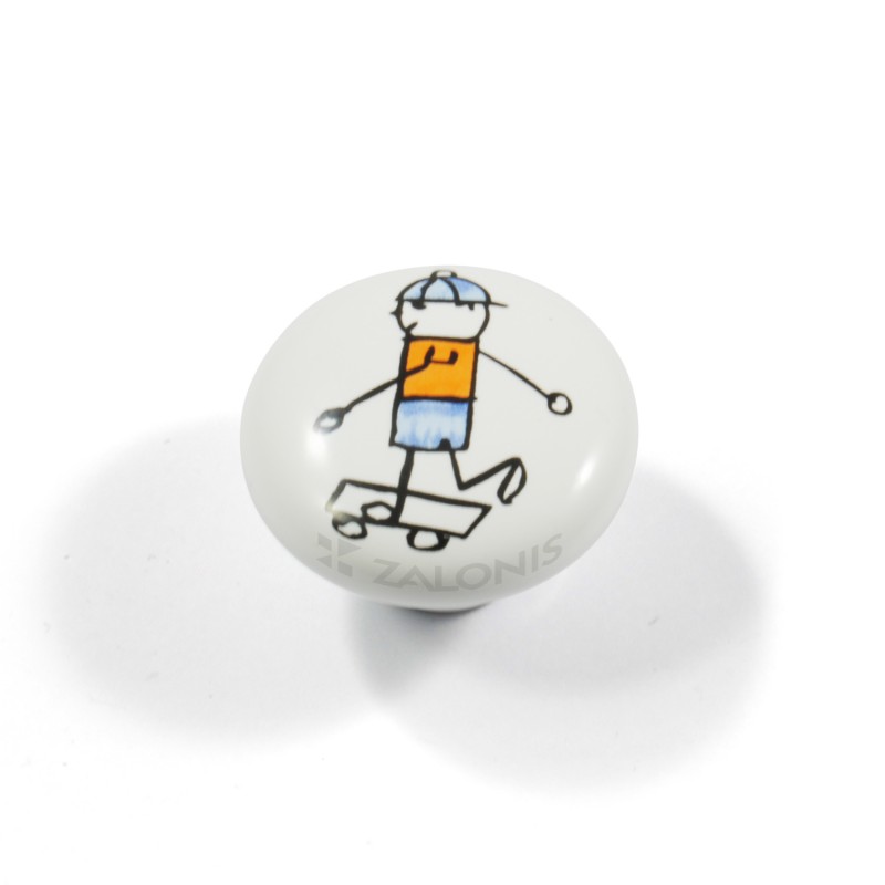 CHILDREN WHITE PORCELAIN KNOB / BOY WITH SKATE