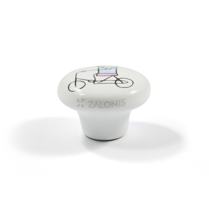 CHILDREN WHITE PORCELAIN KNOB / BOY WITH BIKE