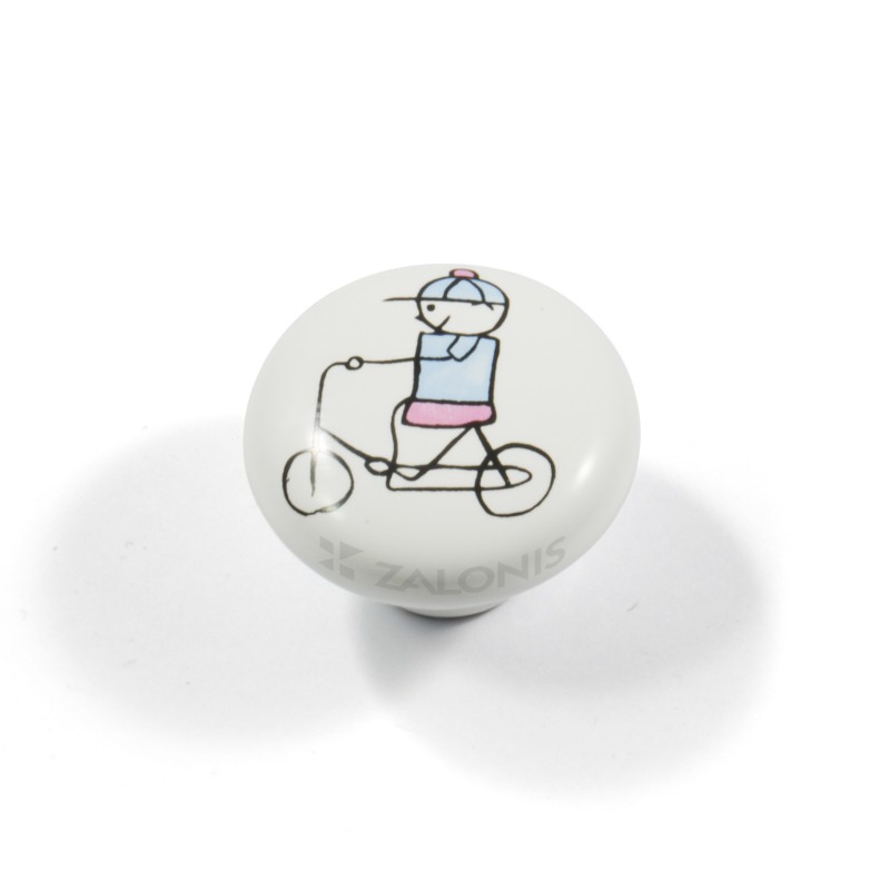 CHILDREN WHITE PORCELAIN KNOB / BOY WITH BIKE